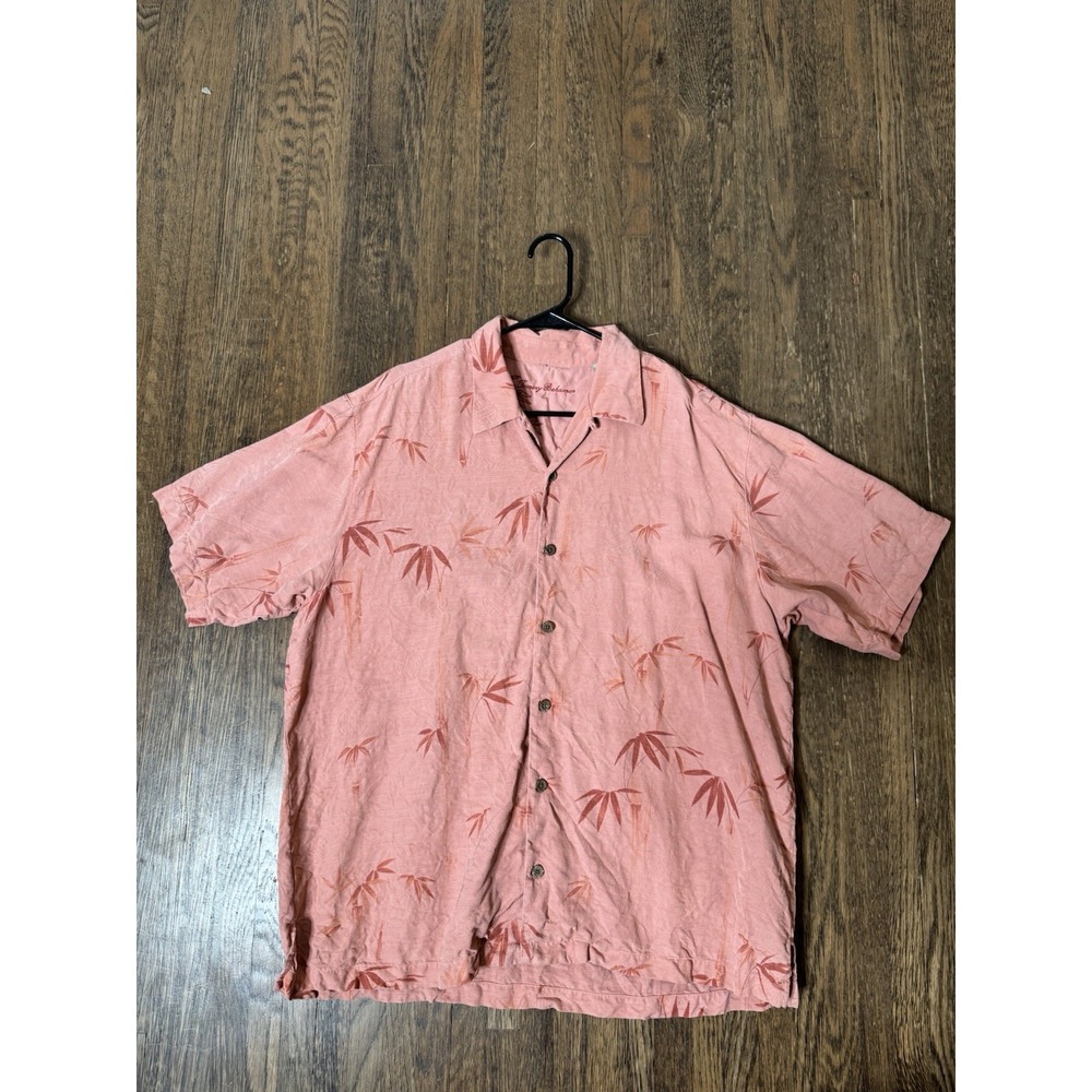 Tommy Bahama Mens XL 100% Silk Short Sleeve Button Up Shirt Salmon Palm